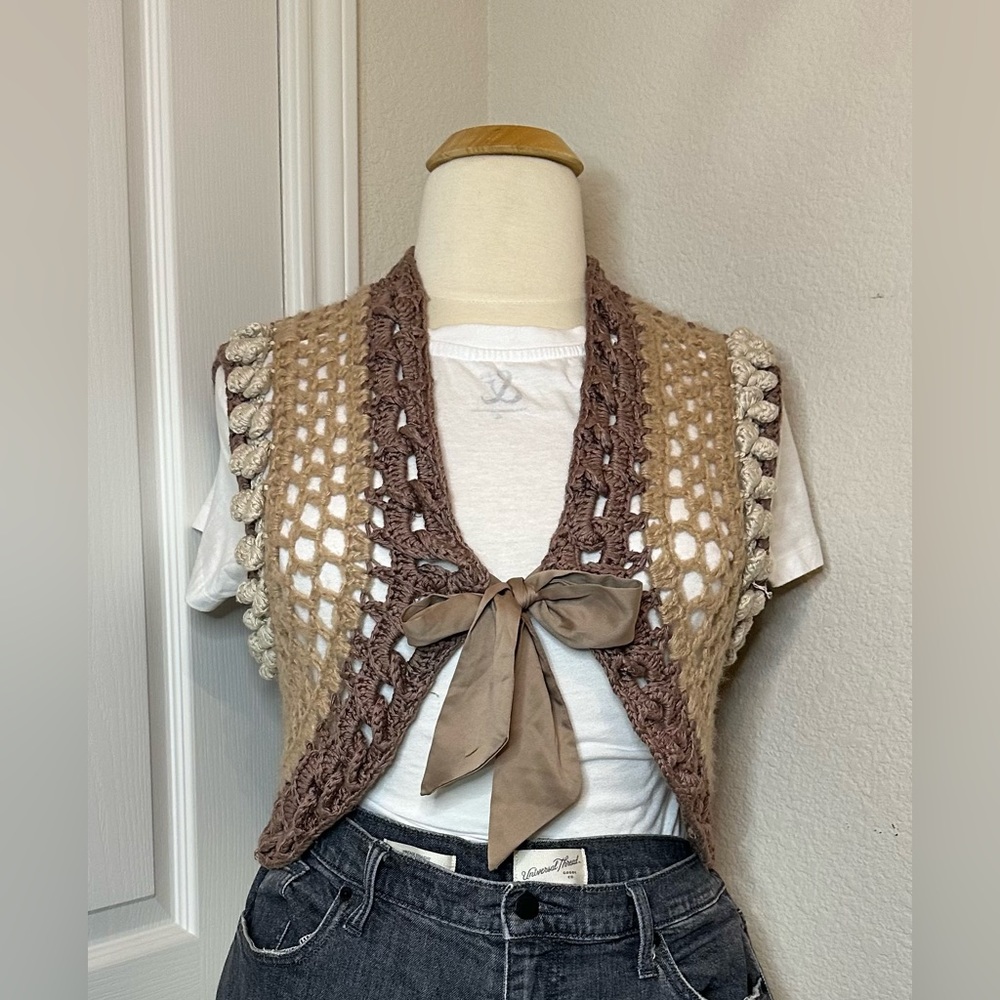 Lulumari Boho Crochet Tie Front Cropped Sweater Vest